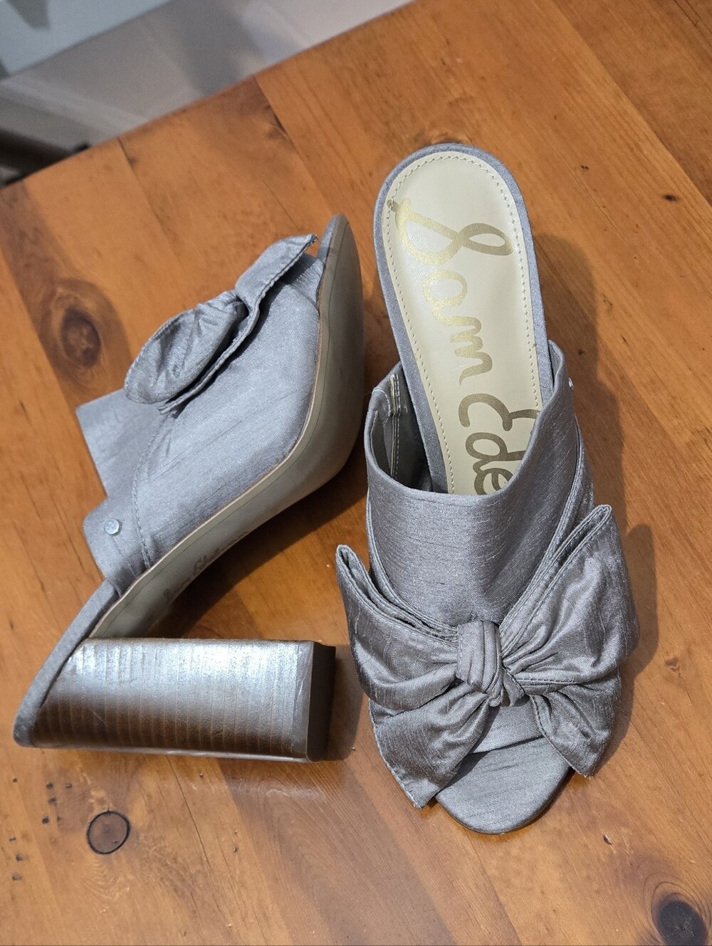 Sam Edelman Yumi Grey Silk‎ Bow Mule Block Heeled Sandals Womens Size 10